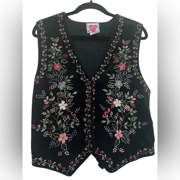 KEREN hart Tops - Vintage Velvet Embroidered Floral Vest Cottagecore Boho Folk Tie Back M Whimsy